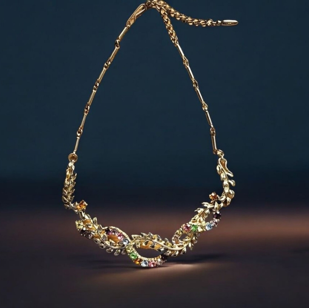 Vintage Goldtone Multicolor Gemstone Vine And Leaf Necklace By Coro